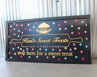 Custom Bakery Business Sign Polka Dots Cupcake Rectangle 3D Large Custom Company Indoor Outdoor Small Business Logo Laser Cut Wood Sign