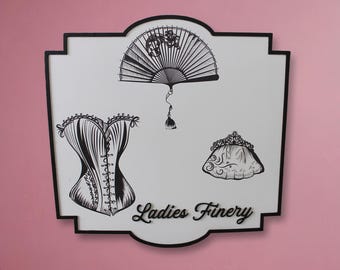 Vintage “Ladies Finery” Wall Sign – Retro Corset, Fan & Purse Décor – Feminine Boutique Style Home Decor, Vanity or Dressing Room Art