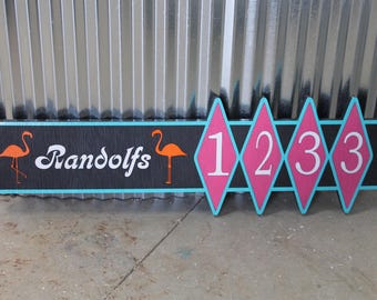 Flamingo House Number Sign Retro Address Sign MCM Pink Flamingo Décor Vintage Style Custom House Numbers Handmade Wood Laser Cut Out