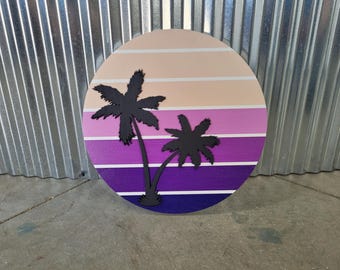 Sunset Sunrise Palm Trees Handmade Wood Sign Hanging Raised Figures Round Printed Image