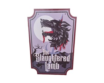 Printed Weatherproof PVC Slaughtered Lamb Sign – Gothic Horror Wall Art with Wolf and Moon Design for Indoor or Outdoor Display