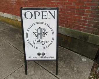 Vintage Coffee Shop Sidewalk Open Welcome Sign Board Walk A frame Free Standing Printed Outdoor Sandwich Board Sign Your logo social media