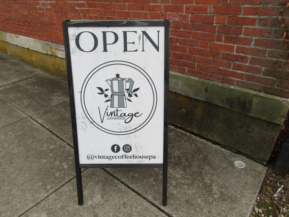 Vintage Coffee Shop Sidewalk Open Welcome Sign Board Walk A frame Free Standing Printed Outdoor Sandwich Board Sign Your logo social media