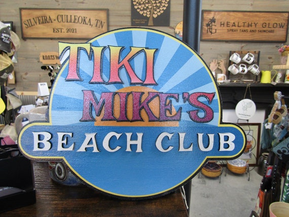 Custom Sign Contoured Business Commerical Signage Beach Club Bar and Grille Made to Order Tiki Tropical Logo Wooden Handmade Sunny Rays