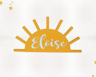 Custom 3D Painted Wood Sun Name Sign – Yellow Sunrise Design – Personalized Kids Room or Nursery Wall Art