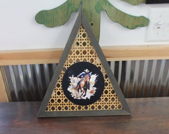 Cowboy Rattan Printed Country Cut out Bull Rider Roper Rodeo Triangle Handmade Framed 3D Handmade Art Decor Wooden Sign Raised Layered Sign