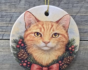 Festive Cat Wearing a Wreath Printed on a Ceramic Ornament for gift, tree or decor