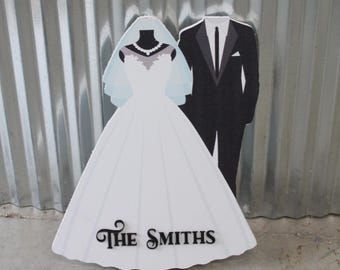 Bride and Groom Wedding Sign Custom Personalized Gift Bridal Shower Home Decor Anniversary Wife Husband Dress Tuxedo