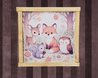 Pastel Woodland Animal Sign – Cute Deer, Fox, Squirrel, and Owl Illustration for Sweet Nursery, Playroom, or Cottage Kids’ Room Decor