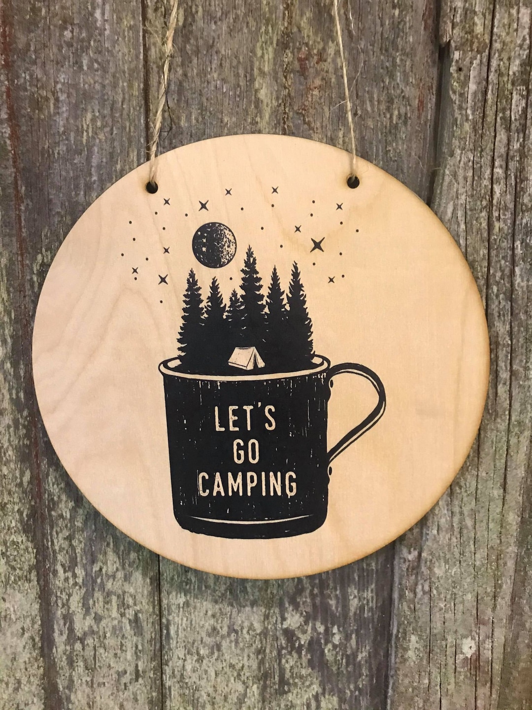 Lets Go Camping Wall Hanger Sky Trees Mug Stars Wood Door Hanger Rustic ...