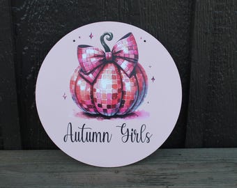 Pumpkin Disco PVC Autumn Girls Fall Retro Midcentury Modern Pink Gourd Door Hanger Art Halloween Decoration