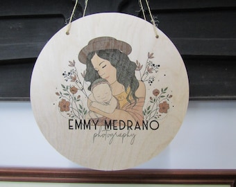 Custom Wooden Sign Photography Printed Logo Image Commerical Signage Business Round Lightweight Door Hanger Photographer Floral Company Name