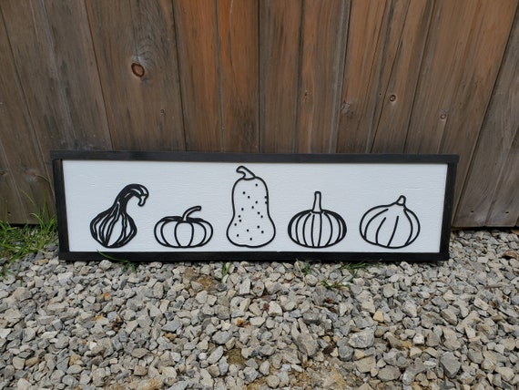 Pumpkins, Gourds, Squash, Fall, Autumn, Halloween, Line Art, 3D, Raised Text Sign, Rustic, Farmhouse, Shabby Chic, Wood, Black and White