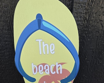 Weatherproof Woodgrain PVC Flip Flop Sign: Coastal Decor, Beach House Art