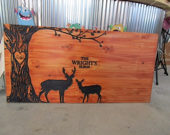 Wedding Gift Anniversary Deer Doe Tree Custom Personalized Engraved Routed Wooden Pine Sign Home Decor Gift Gift for him Paint Filled