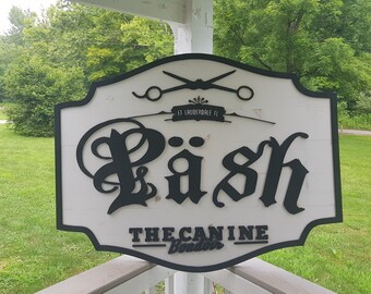 barber shop sign pet groomer sign commercial signage outdoor hanging wood sign booth sign wood display hair dresser scissors
