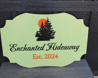 Custom Cabin Sign Enchanted Hideaway Rustic Wood Sign with Trees and Sunset Oval 3D Large Indoor Outdoor Small Business Logo Laser Cut