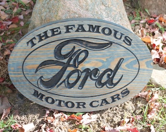 Engraved Wood Ford Sign: Oval Stained Car Decor (10x15 inches)
