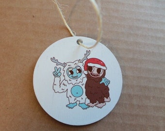 Yeti and Bigfoot Pals Besties Friends Cartoon Festive Cryptic Ornament Mythical Printed Keychain Giftable Gift for Him Gift for her Wooden