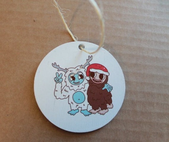 Yeti and Bigfoot Pals Besties Friends Cartoon Festive Cryptic Ornament Mythical Printed Keychain Giftable Gift for Him Gift for her Wooden