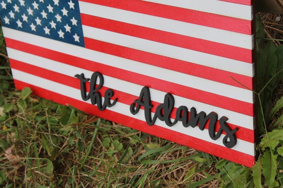 Raised Text 3D American Flag Wood Sign Custom Family Name Sign USA Patriotic Stars Stripes Independence Day Wood Laser 4th of July Fourth