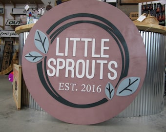 Custom Wooden Sign Sprouts Plants Leaves Grow Childcare Nursery Little Round Business Commerical Signage Made to Order Logo Circle Handmade