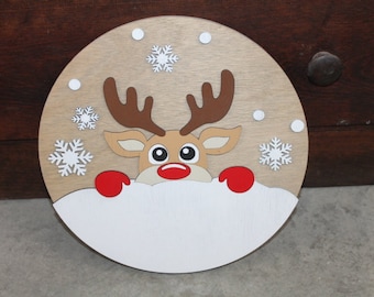 Peeking Deer Winter Snow Chilly Cold Christmas Rudolph Reindeer Handmade Home Decor Sign Door hanger Wall art Cute Red Cartoon