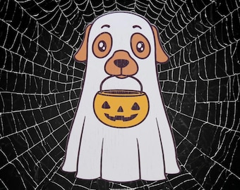 Halloween Ghost Dog UV-Printed Wood Sign – Ghost Pup Wall Art – Cute Fall Decor for Pet Lovers