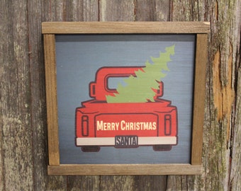 Red Truck Wood Sign Carrying Christmas Tree Santa Merry Christmas Decoration Farmhouse Décor Framed Rustic Printed Winter