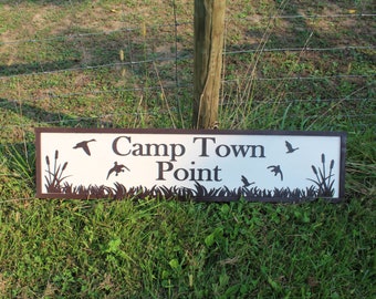 Camp Wood Sign Cabin Entrance Black White Customizable name Rustic birds trees grass driveway campground rustic handmade Raised 3D Lettering