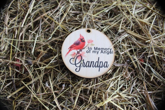 In Memory Of My Angel Grandpa Cardnial In Rememberance Memorial Christmas Holiday Ornament Woodslice Keychain Gift Tag Round