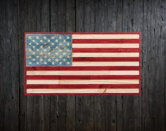 American Flag Engraved Wood Sign – Stained Rustic Wall Art – Large Patriotic Home Décor or Gift