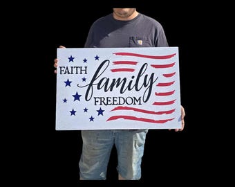 Faith Family Freedom Sign – Weatherproof PVC Patriotic Wall Art for Porch, Yard, or Event Display