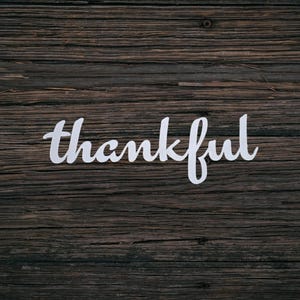 May include: A white cutout sign featuring the word thankful in a cursive script font. The lettering is positioned horizontally across the center of the frame, displaying a clean, smooth finish against the dark brown horizontal wood grain texture.