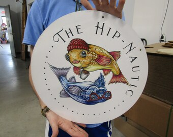 The Hip Nautic Goldfish Color Printed On Wood Logo Customized Personalized Nautical Professional Commerical Signage Lightweight Wood Sign