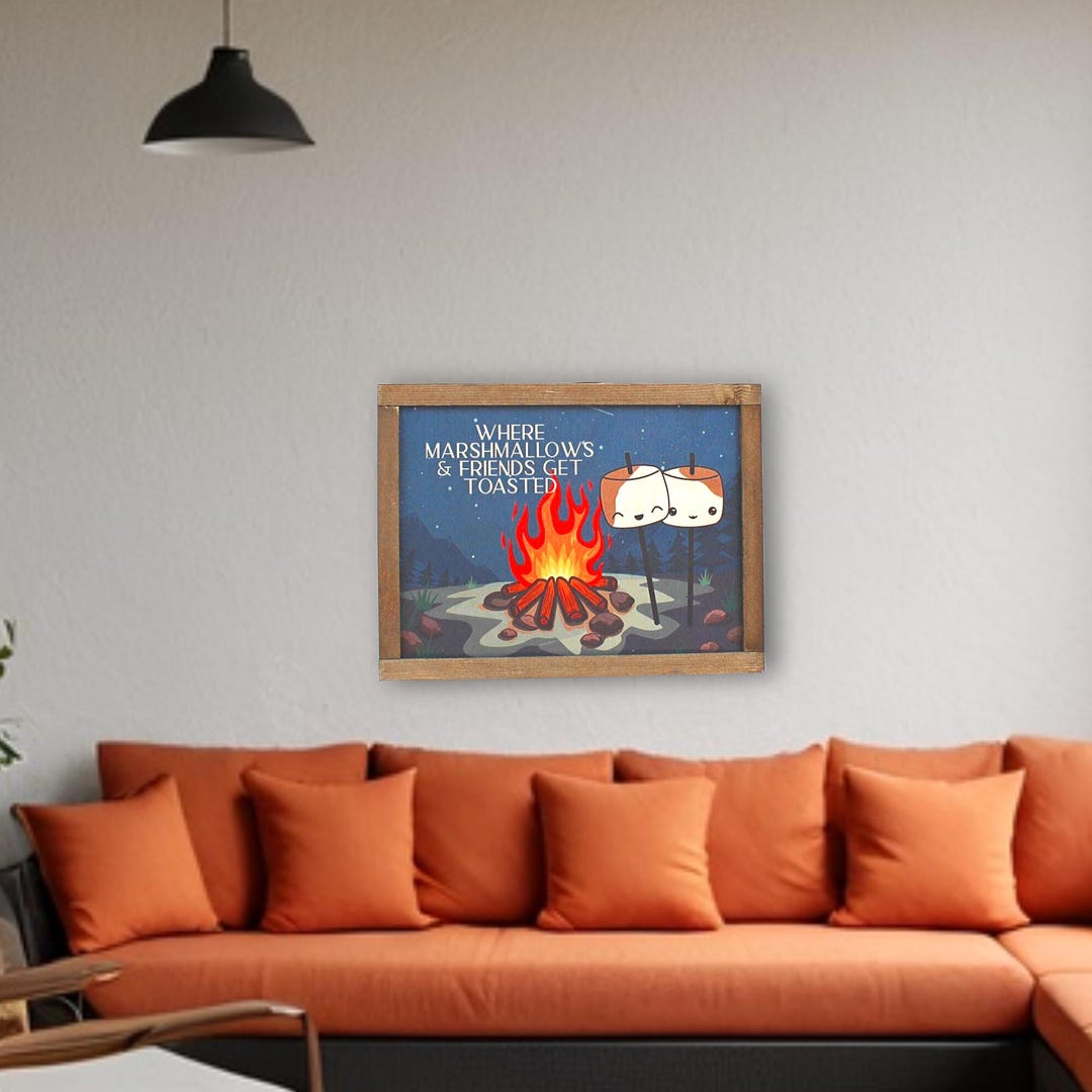 Funny Camping Sign – UV Printed Wood Framed Wall Art – Marshmallow