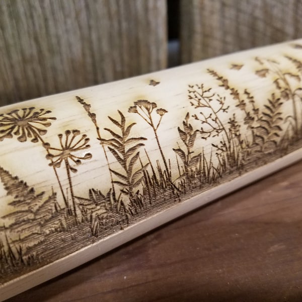 Wild Flower, Floral, Garden, Butterflies, 10 Inch Rolling Pin, Pie Crust, Gift, Embossed, pottery, pottery texture roller, cookie stamp