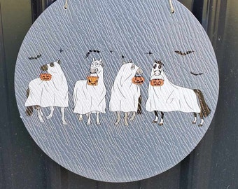 Halloween Ghosts Horses Farm Dress Up Trick or Treat PVC Weather Proof Ultraviolet Ink Doorhanger Outdoor Use Happy Mare Horse Lovers
