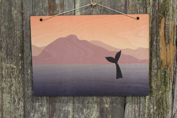 Whale Sign Ocean Mountain Range Whale Tail Fin Pastels Sunset Rustic Wooden Wall Decor Art Wood Print