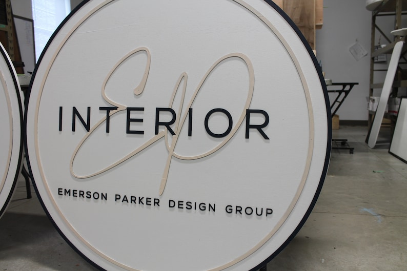 Custom Sign Round Business Interior Designer Group Commerical Signage Made to Order Logo Circle Wooden Handmade Raised Text Home Minimalist image 2