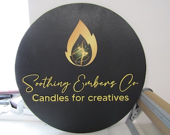 Custom Sign Candle Shop and Co Signage Creatives Soothing Flame Black and Yellow Personalized Sign Round Circle Embers Uv And Raised image