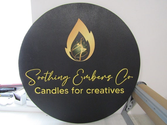 Custom Sign Candle Shop and Co Signage Creatives Soothing Flame Black and Yellow Personalized Sign Round Circle Embers Uv And Raised image