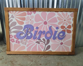Name Boho Retro Flower Wood Sign Raised Text Large Printed Bedroom Hanging Pink Purple  Decor Nursery Playroom Girl Toddler Baby