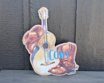 Custom Western Country Your Name Hanging Dorm Door Personalized Sign Contour Cut Wood Guitar Boots Cowboy Hat Nursery Sign Kids Room