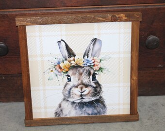 Bunny Decor Easter Spring Floral Flower Crown Plaid Handmade Home Decor Printed Framed Rabbit Cute Bright Animals