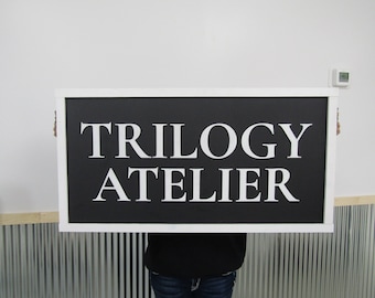 Large Custom Business Sign Workshop Studio Signage Indoor Outdoor Trilogy Black and White Personalized Logo Made To Order 3D Wooden LaserCut