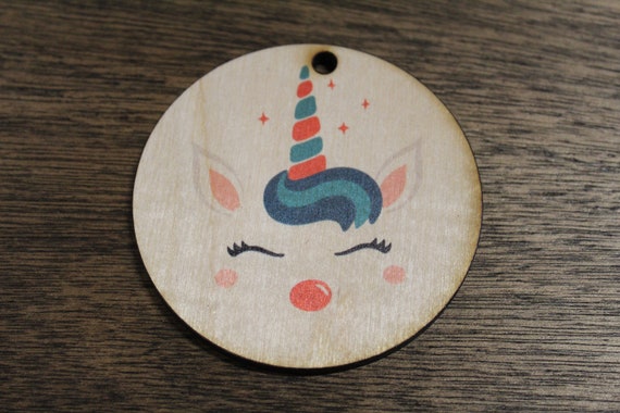 Unicorn Face Ornament Rudolph Red Nose Reindeer Wood Slice Horn Eyelashes Up-close Primitive Christmas Ornament Rustic Tree Printed