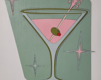 Cocktail, Martini, Retro, Mid Century Modern, Bar Décor, Drinks Sign, Vintage Style, Handmade, Mosaic, Laser Cut Out, Wall Art Drinks Anyone