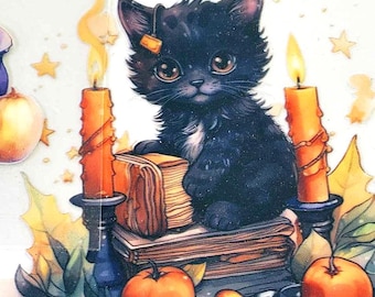 Halloween Cat Kitten Assorted Watercolor Theme Decals Waterproof Sheet Full Color Sticker Window Deal Wall Sticker Thermos Watercolor Witch