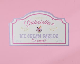 Custom Ice Cream Parlor Sign Art Print – Vintage‑Style Sundae Illustration with Pastel Borders for Retro Dessert Shop or Kitchen Decor